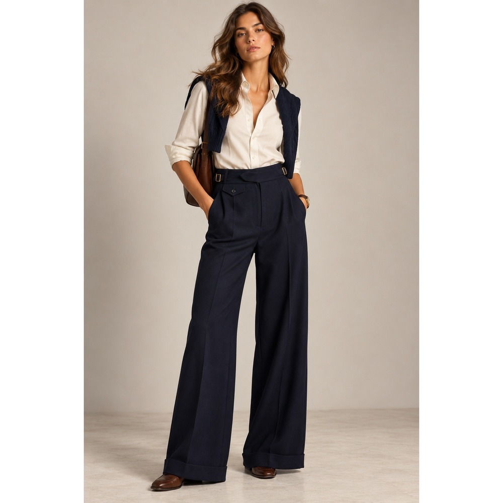 Vintage Lauren Ralph Lauren Wide Leg Pants Women 14 Blue Pleated High Waist Wool